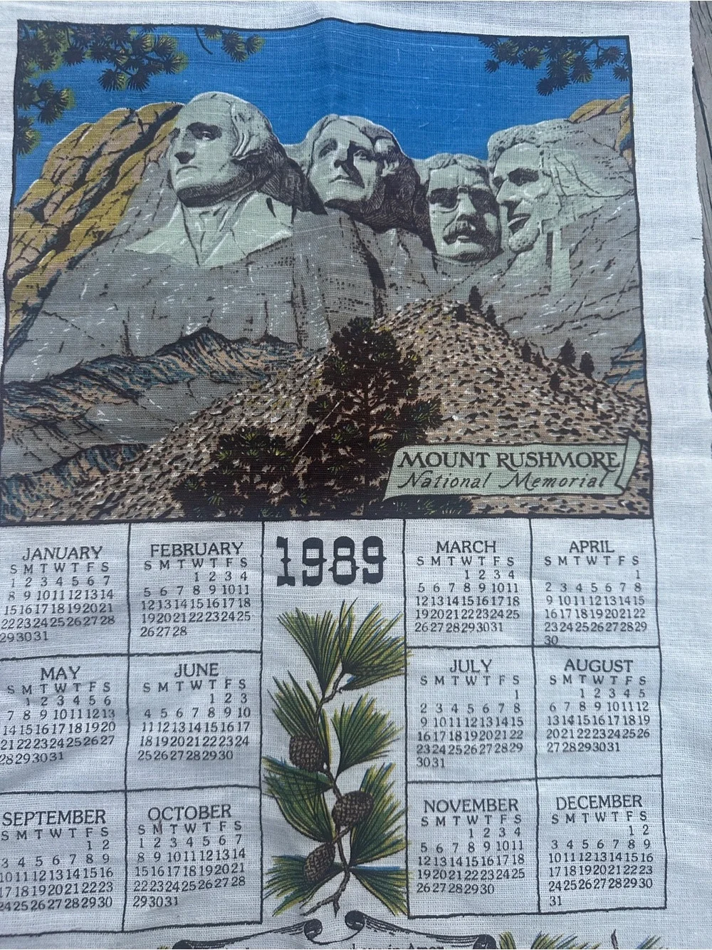 Vintage 1989 Mount Rushmore Tea Towel Calendar